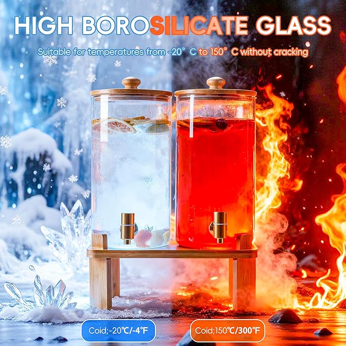 1.5 Gallon 2 Pack Glass Drink dispenser for parties,Beverage Dispenser With Wood Stand,Water Dispensers with spigot,lemonade dispenser,juice containers & water pitcher with lid - Image 3