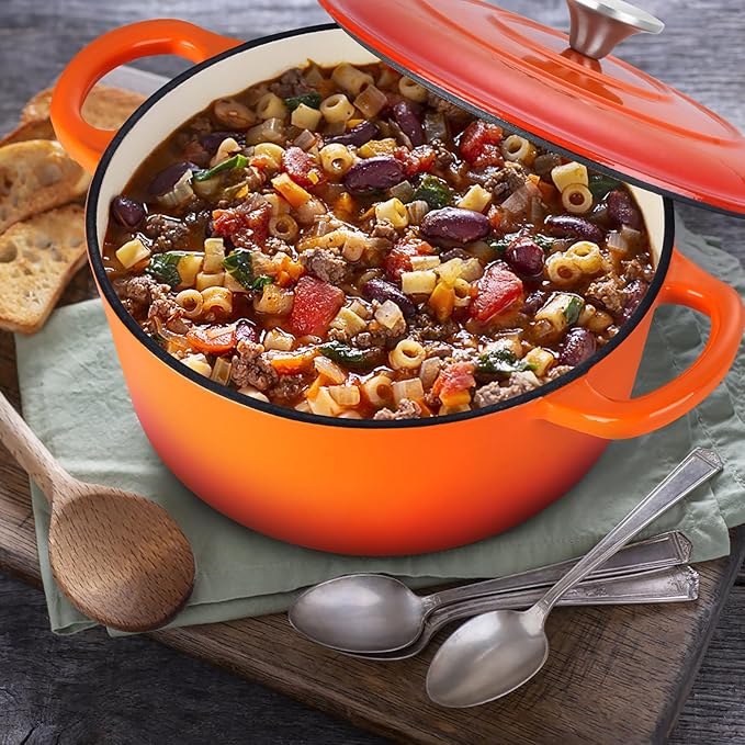 E-far 3 Qt Enameled Cast Iron Dutch Oven with Lid, Small Round Nonstick Dutch Oven Pot for Bread Baking Braising Stews Roasting Cooking, Heavy Duty, Induction & Oven Safe - Orange