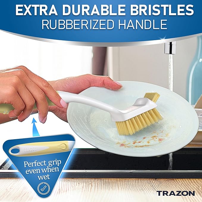 Dish Brush Set of 5 with Holder - Kitchen Scrub Brushes with Non-Slip Long Handle for Cleaning, Scrubber, Dishwashing, Dishes, Bottles, Straws, Cups, Pots & Sink, Baige - Image 6