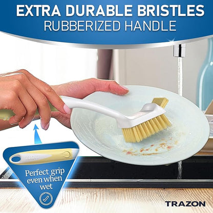 Dish Brush Set of 5 with Holder - Kitchen Scrub Brushes with Non-Slip Long Handle for Cleaning, Scrubber, Dishwashing, Dishes, Bottles, Straws, Cups, Pots & Sink, Baige - Image 6