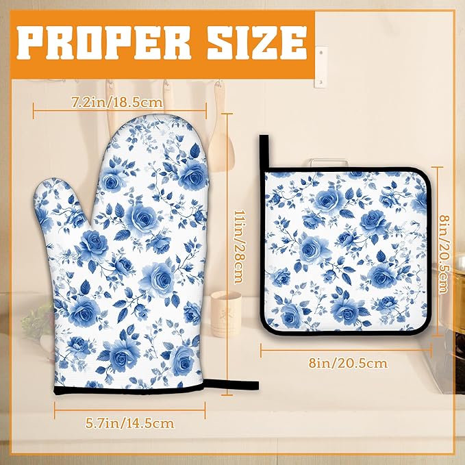 Vintage Blue Rose Oven Mitts and Pot Holders,Heat Resistant Oven Mitts Gloves and Pot Holder for Home Kitchen Decorations Cooking Baking BBQ Gifts,Set of 4