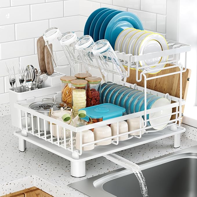 Dish Drying Rack, 2 Tier Dish Racks for Kitchen Counter, Compact Dish Drainer Rack, Detachable Dish Rack with Drainboard, Utensil Holder, Cup Holder for Small Space - White by IMXSUMDA
