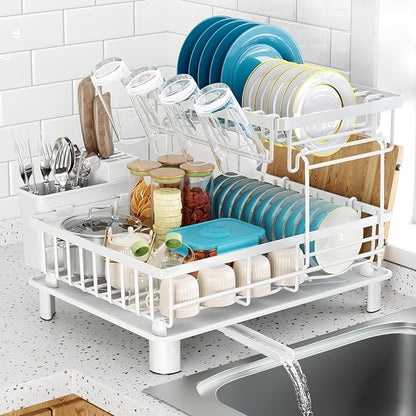 Dish Drying Rack, 2 Tier Dish Racks for Kitchen Counter, Compact Dish Drainer Rack, Detachable Dish Rack with Drainboard, Utensil Holder, Cup Holder for Small Space - White by IMXSUMDA