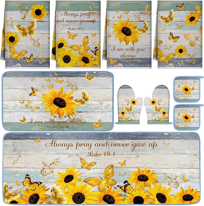 Fourluoo 10 Pcs Sunflower Kitchen Decor and Accessories Set Sunflower Kitchen Towels and Rugs Oven Mitts and Pot Holders for Cooking Baking Mom Housewarming Gifts by Fourluoo