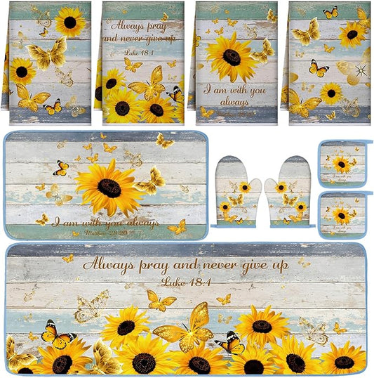 Fourluoo 10 Pcs Sunflower Kitchen Decor and Accessories Set Sunflower Kitchen Towels and Rugs Oven Mitts and Pot Holders for Cooking Baking Mom Housewarming Gifts by Fourluoo