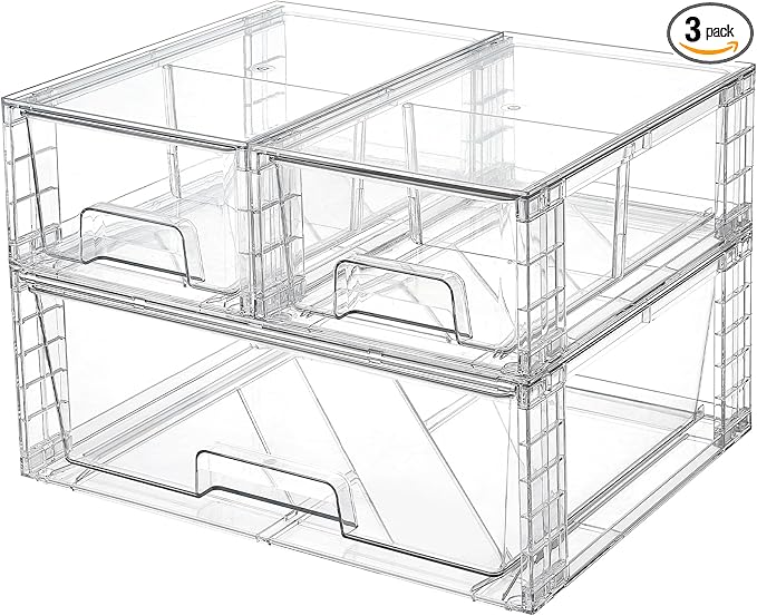 Vtopmart 3 Pack Stackable Storage Drawers, Easily Assemble Acrylic Bathroom Undersink Organizers,Clear Plastic Storage Bins for Closet,Cabinet,Pantry,Medicine Organization by Vtopmart