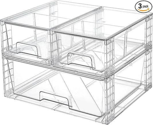 Vtopmart 3 Pack Stackable Storage Drawers, Easily Assemble Acrylic Bathroom Undersink Organizers,Clear Plastic Storage Bins for Closet,Cabinet,Pantry,Medicine Organization by Vtopmart