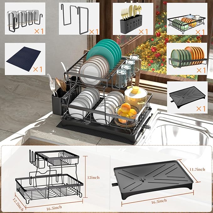Godboat Dish Drying Rack, 2-Tier Dish Rack with Auto-Drain & Mat, Dish Racks for Kitchen Counter, Dish Drainer with Knife, Fork & Cup Rack, Gifts for Women, Mothers Day, Cool Stuff & Kitchen Gadgets - Image 4