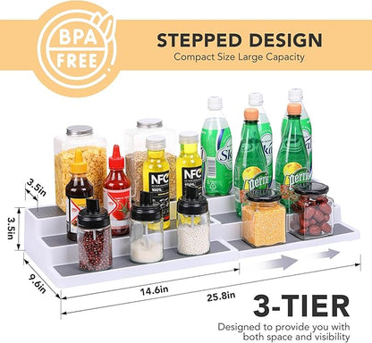CiWiVOKi 3 Tier Expandable Spice Rack Organizer, Plastic Spice Rack, Adjustable Length 14.6In-25.8In, Non-Skid Tiered Spice Shelf Organizer for Kitchen Cabinet, Cupboard, Pantry, White/Grey - Image 2