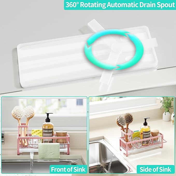 HapiRm Sponge Holder for Kitchen Sink - Self-draining Sink Caddy with Brush and Dishcloth Holders, Stainless Steel Kitchen Organizer for Countertop - Pink - Image 2