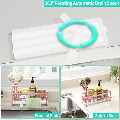 HapiRm Sponge Holder for Kitchen Sink - Self-draining Sink Caddy with Brush and Dishcloth Holders, Stainless Steel Kitchen Organizer for Countertop - Pink - Image 2