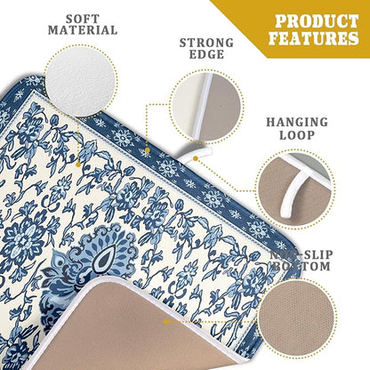 Blue Floral Dish Drying Mat for Kitchen Counter 16x18 Chinoiserie Flower Print Vintage Absorbent Reversible Microfiber Drying Mats Kitchen Countertop Protector Dishes Drainer Rack Pad - Image 4