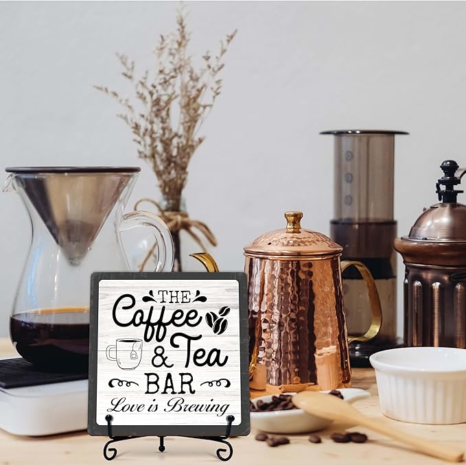 Coffee Bar Sign, Love is Brewing Farmhouse Tabletop Decor, Coffee and Tea Lover Gifts, 5x5 Wood Plaque with Iron Stand for Home Kitchen Cafe, Coffee Bar Decor – L08 - Image 7