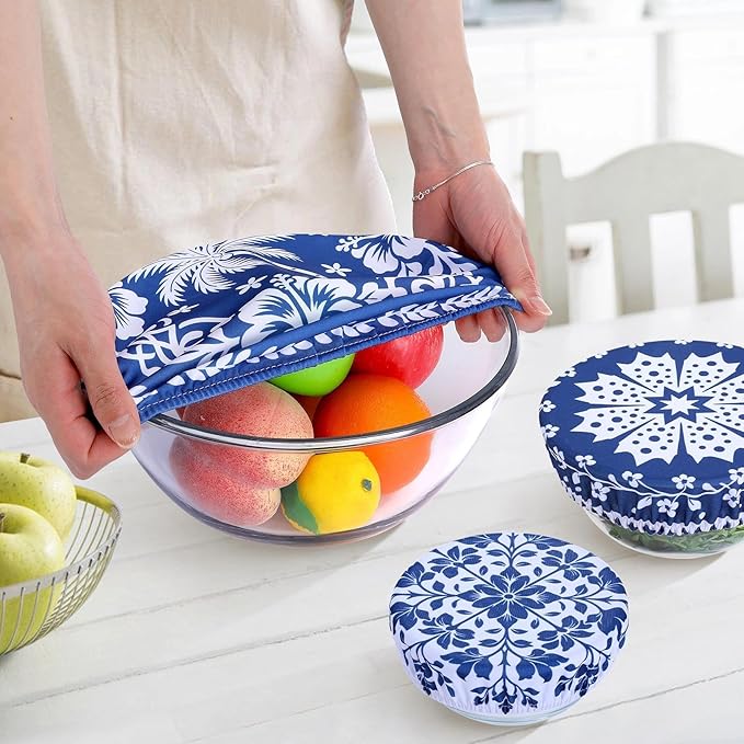 5 Pieces Bowl Covers Reusable, 5 Size Elastic Cloth Bowl Covers for Bread Proofing Stretch Food Covers Washable for Food Fruits Leftover (Blue Coconut Tree) - Image 5