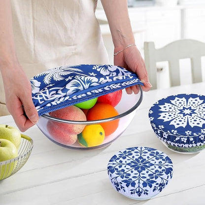 5 Pieces Bowl Covers Reusable, 5 Size Elastic Cloth Bowl Covers for Bread Proofing Stretch Food Covers Washable for Food Fruits Leftover (Blue Coconut Tree) - Image 5