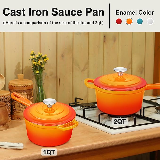 Enameled Cast Iron Sauce Pan, Leonyo 1 Qt & 2 Qt Saucepan Set, Cast Iron Dutch Oven Kitchen Small Pots for All Cooktops Cooking Pasta, Milk, Oatmeal - Up to 500°F & Nonstick, Orange