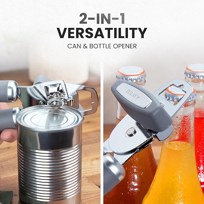 Zulay Kitchen Heavy Duty Stainless Steel Can Opener Manual with Bottle Opener - Rust Proof Manual Can Opener With Turn Knob & Comfy Soft Grip Handles - Gray - Image 7