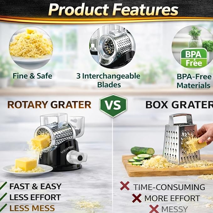 Manual Rotary Cheese Grater for Kitchen, Vegetable Slicer, 3-in-1 Hand Crank Food Shredder for Cheese, Vegetables & Nuts, Stainless Steel Blades, Strong Suction Base, BPA-Free - Image 9