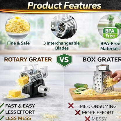 Manual Rotary Cheese Grater for Kitchen, Vegetable Slicer, 3-in-1 Hand Crank Food Shredder for Cheese, Vegetables & Nuts, Stainless Steel Blades, Strong Suction Base, BPA-Free - Image 9