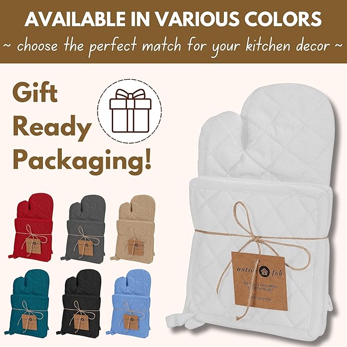 Native Fab 4 Piece Set - 2 Oven Mitts & 2 Potholders, Heat Resistant, 100% Cotton, Quilted Design, Non-Slip Grip, Machine Washable, Ideal for Baking, Cooking, BBQ, Kitchen Protection - White - Image 6