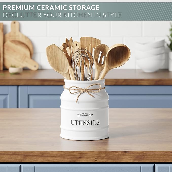 Barnyard Designs Ceramic Farmhouse Utensil Holder for Kitchen Counter, Large Rustic Utensil Crock, Countertop Cooking Tool Spatula Organizer, 6.75” (White) - Image 6