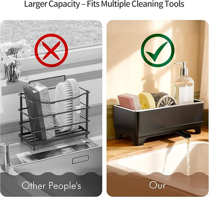 MOUKABAL Sponge Holder for Kitchen Sink – Rustproof Stainless Steel, 360° Rotating Drain Pipe, Large Counter Organizer with Drip Tray for Sponges, Brushes & Dish Cloths Black - Image 4