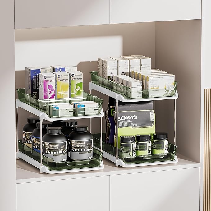 Delamu 2-Tier Multi-Purpose Bathroom Under Sink Organizers and Storage, Stackable Kitchen Pantry Organization, Pull Out Medicine Cabinet Organizer with Movable Dividers, Light Green, 2 Pack - Image 4