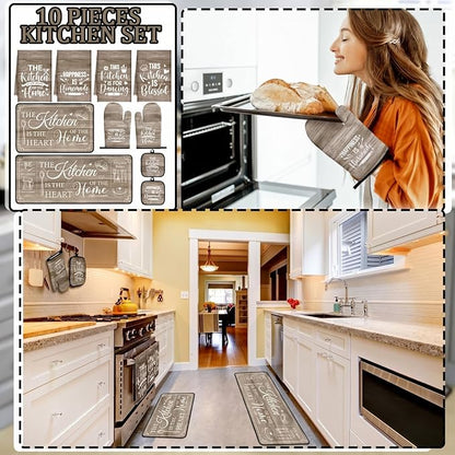Fourluoo 10 Pcs Farmhouse Kitchen Decor and Accessories Set 4 Kitchen Towels 2 Pot Holders 2 Oven Mitts 2 Rugs for Cooking Baking Mom Housewarming Gifts(Vintage Color,Classic Style) - Image 2