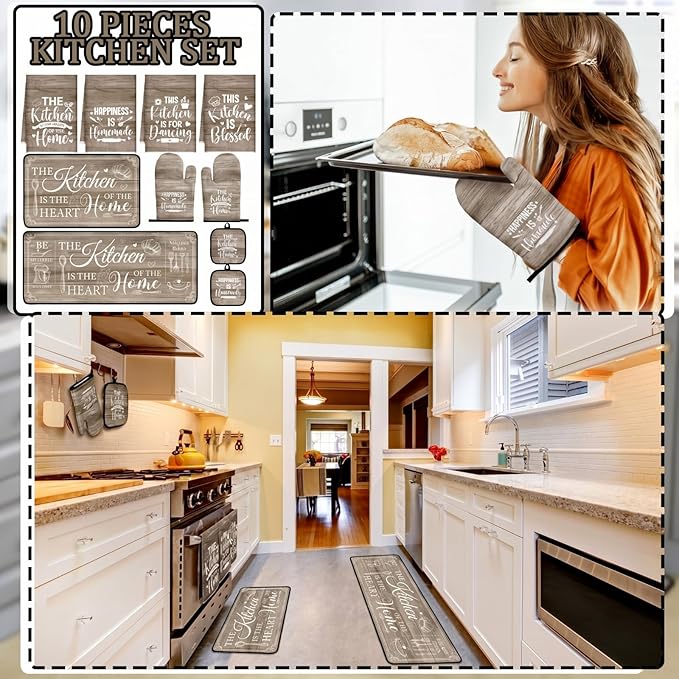 Fourluoo 10 Pcs Farmhouse Kitchen Decor and Accessories Set 4 Kitchen Towels 2 Pot Holders 2 Oven Mitts 2 Rugs for Cooking Baking Mom Housewarming Gifts(Brown,Classic Style) - Image 2