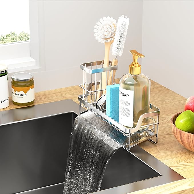 Consumest Sponge Holder for Kitchen Sink - Sink Caddy with Stainless Steel Self Drain Tray, Sink Organizer with High Brush Holder Countertop for Kitchen Sink Accessories, Silver - Image 8