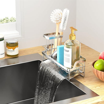 Consumest Sponge Holder for Kitchen Sink - Sink Caddy with Stainless Steel Self Drain Tray, Sink Organizer with High Brush Holder Countertop for Kitchen Sink Accessories, Silver - Image 8