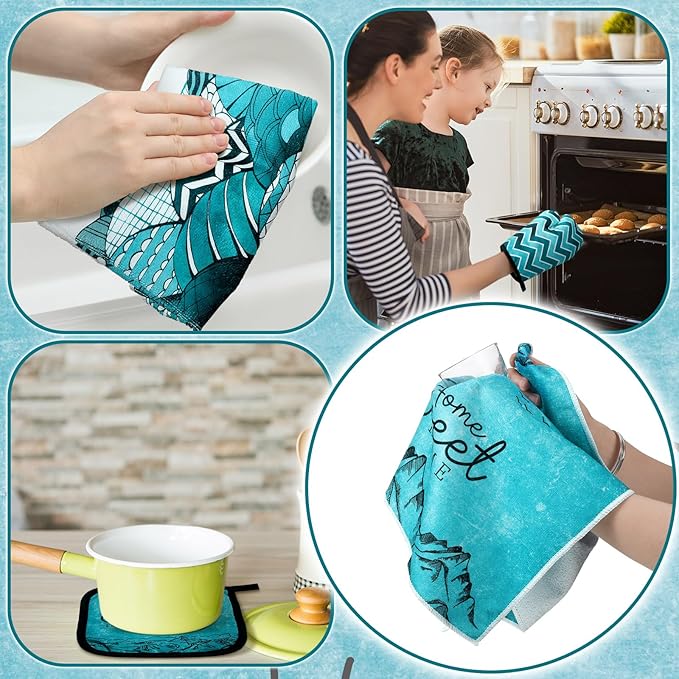 Bencailor 6 Pcs Boho Mountains Kitchen Towels Oven Mitts and Pot Holders Set Decorative Dish Towels Tea Washcloth Non Slip Heat Resistant Oven Gloves for Summer Home Cooking Baking, Turquoise - Image 6