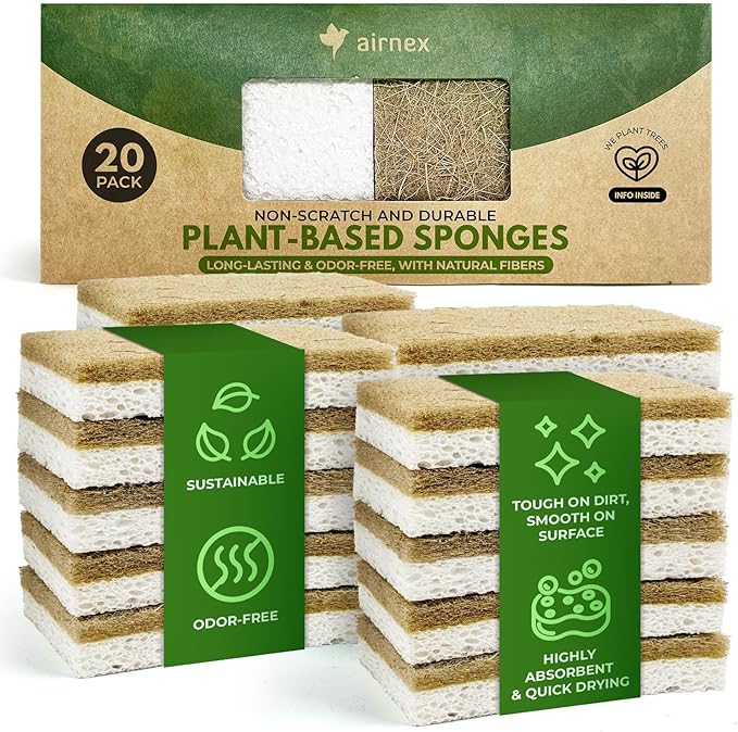 AIRNEX Natural Kitchen Sponges Pack of 20 - Biodegradable Cellulose and Coconut Husk Walnut Scrubbers - Odor Free Non Scratch - Eco Friendly Quick Drying Dishwashing Sponges by Airnex