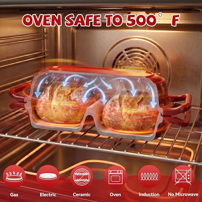 Double Dutch Oven Pot with Lid, Enameled Cast Iron Bread Loaf Pan, Dutch Oven For Sourdough Bread Baking, 500°F Oven Safe Non Stick Dual Round Bread Pan, 16.5cm Diameter Loaf Pans, Red