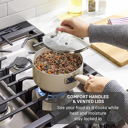 T-fal Signature Nonstick 12 Piece Cookware Set, Oven Safe Up to 350°F, Dishwasher Safe, Pots and Pans Set, Includes Frying Pans, Saucepan, Stockpot, Cooking Utensils, Cream - Image 6