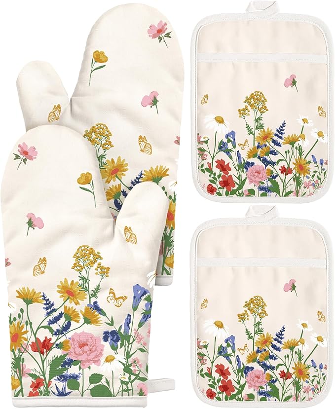 Miss Adola Cotton Oven Mitts and Pot Holders Sets - Quilted Lining Heat Resistant 4 Pieces Set with Hanging Loop Cute Farmhouse Boho Spring Kitchen Decor and Accessories, Retro Flower by MissAdola