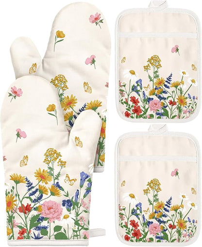 Miss Adola Cotton Oven Mitts and Pot Holders Sets - Quilted Lining Heat Resistant 4 Pieces Set with Hanging Loop Cute Farmhouse Boho Spring Kitchen Decor and Accessories, Retro Flower by MissAdola