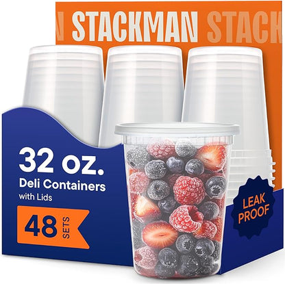 Stack Man 32 oz Deli Containers with Lids (48 Sets) – Quart Clear Plastic Food Storage Containers, Airtight Leak-Resistant Seal, BPA-Free, Microwave & Freezer Safe, Meal Prep Soup Takeout to-Go