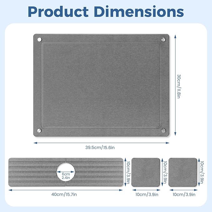 Zinovo 5pcs Stone Dish Drying Mats for Kitchen Counter,Quick Dry Water-Absorbent Diatomaceous Stone,Heat Resistant,Non-slip Bracket, Faucet Mat For Bathroom /Sink/Washbasin,For Cups /Bottles,Gray