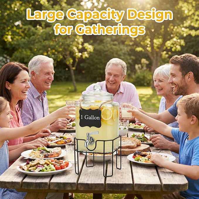 Drink Dispenser, Drink Dispensers for Parties, 1 Gallon Glass Beverage Dispenser with Stand and Glass Lid, 100% Leakproof Spigot, Ideal for Lemonade, Juice, Iced Tea, Laundry Detergent - Image 6