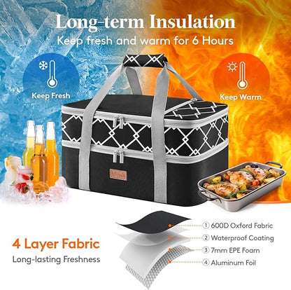 Lifewit Insulated Double Decker Casserole Carrier, Lasagna Lugger Holder for Hot or Cold Food, Fits 9" x 13" Baking Dish, Thermal Lunch Tote Bag for Potluck Parties, Picnic and Cookouts, Black