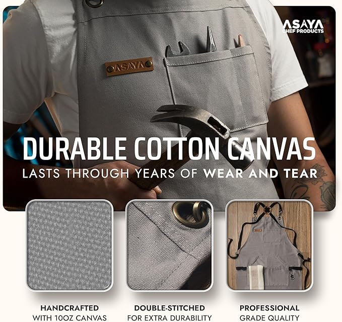 Asaya Chef and BBQ Apron with Bottle Opener and Hand Towel - 10oz Cotton Canvas, Stainless Steel Hardware - Cross Back Straps - Image 3