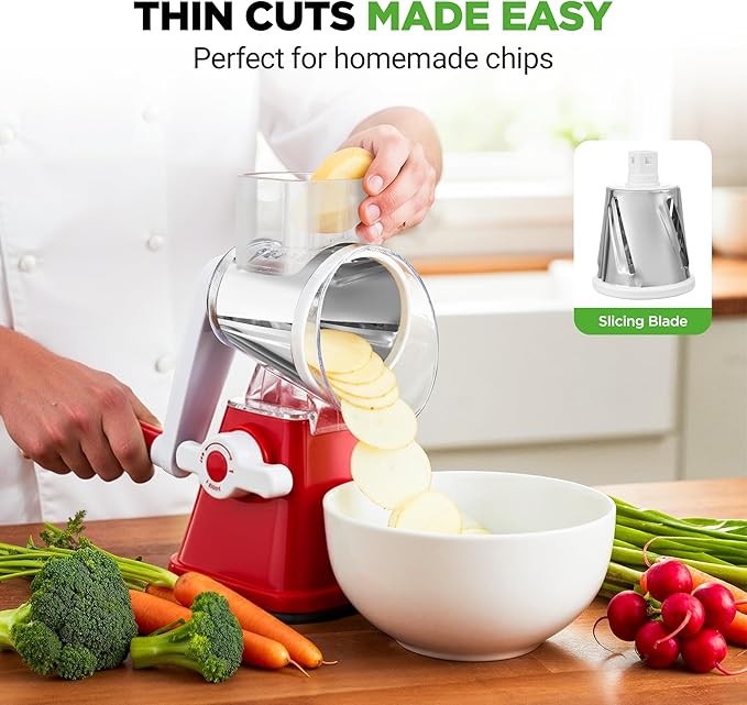 Nutrichef 3 in 1 Cheese Grater & Shredder | Strong Suction Base, Rotary Handle with Safety Lock | Includes Hand Crank & 3 Drum Blades for 3 Textures, Fine, Medium & Strips | Red - Image 6