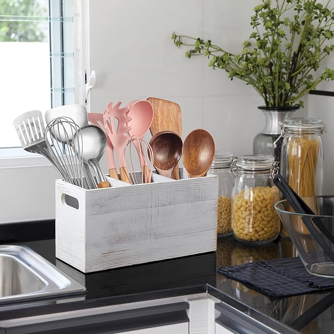 ALELION Rustic White Utensil Holder with Removable Divider - 3 Compartment Wooden Utensil Caddy Organizer for Kitchen Counter - Cooking Utensil Crock for Countertop - Image 3