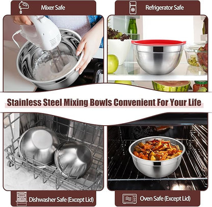 P&P CHEF Red Mixing Bowls with Lids, Set of 3, Stainless Steel Salad Nesting Bowl for Mixing, Storing, Prepping, Airtight & Stackable, Size 4.6/3 /1.5 QT - Image 6