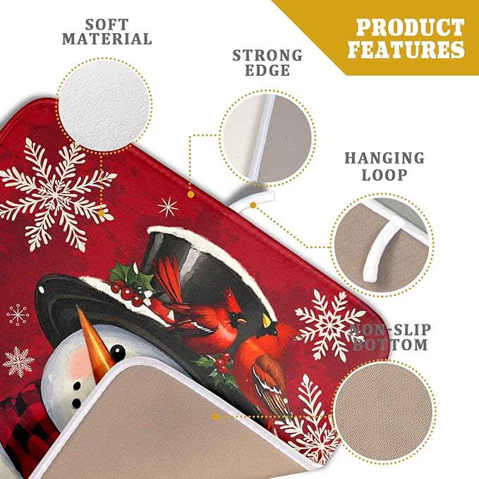 Christmas Snowman Dish Drying Mat for Kitchen Counter 16x18 Xmas Snowflake Winter Holiday Dark Red Absorbent Reversible Microfiber Drying Mats Kitchen Countertop Protector Dishes Drainer Rack Pad - Image 4