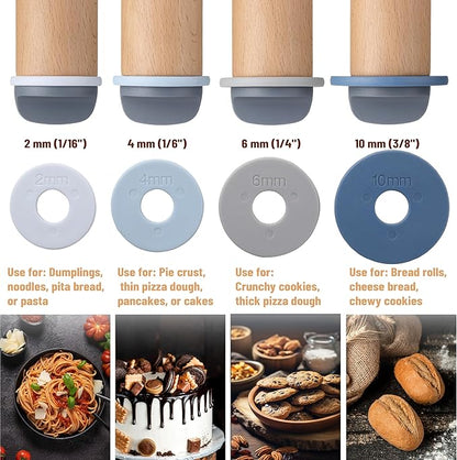 BAMBOO LAND- Adjustable Rolling Pin with Thickness Rings for Baking, 13.8", 4 Pastel Colored Thickness Rings (2-10 mm or 1/16"-3/8"), Wood Rolling Pins for Baking, Bread, Pizza Doughs - Image 3