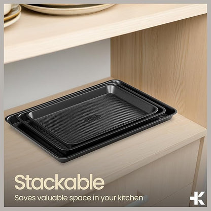BAKKEN Kitchen Baking Pans - Small, Medium, and Large Cookie Pan (13.58×9.65, 15.75×11, 17.91×12.60), Nonstick, Diamond Texture Bottom, PFOA, PFOS, PTFE Free, Oven Safe Tray (450°F), Pack of 3, Gray - Image 6