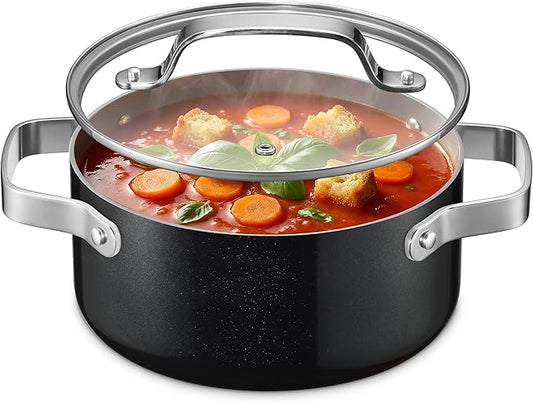 Bakken 3 Quart Ceramic Coated Stock Pot with Lid, Easy to Clean Nonstick Pot, Tempered Glass Lid, Riveted Stainless Steel Handles, Oven Safe Up To 500°F, PTFE & PFAS Free, All Stove Compatible, Black by BAKK%C3%8BNMASTER