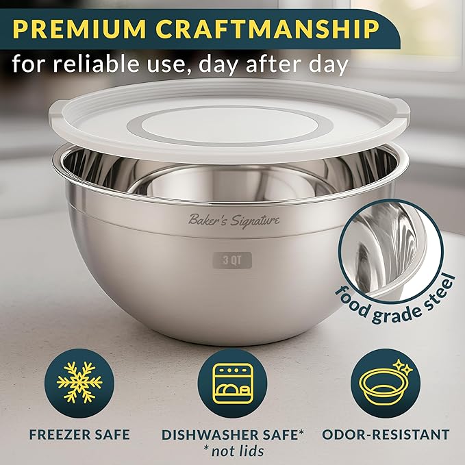 Baker's Signature Stainless Steel Mixing Bowls With Lid, Metal Mixing Bowl Set Of 5, Nesting Set For Food Prep, Baking,Storage, Cooking, Serving | Dishwasher Safe, 0.5/1.5/3/4/5 Qt - Image 3